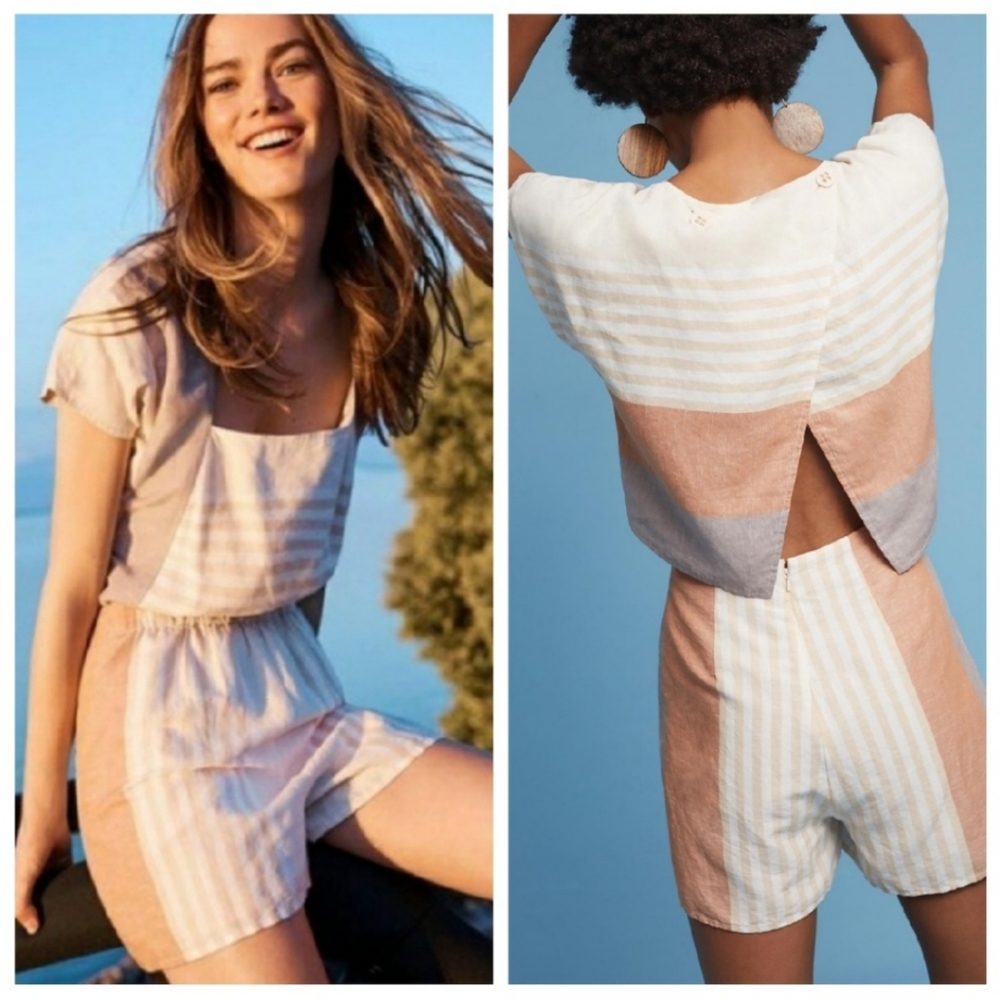 Anthropologie Elevenses Striped Linen Romper